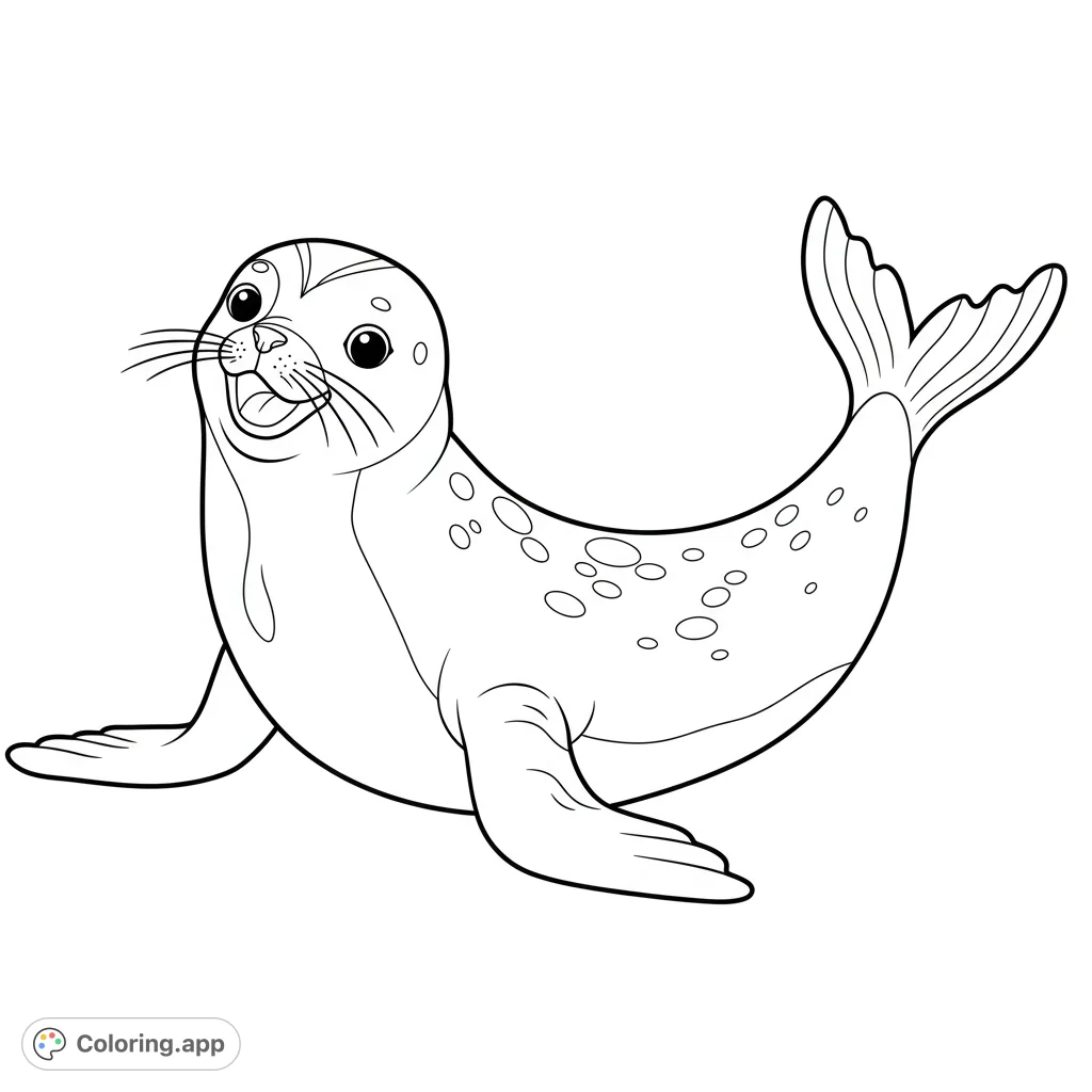 A delightful seal coloring page featuring a happy, smiling seal pup with playful spots, perfect for a free printable coloring page adventure.
