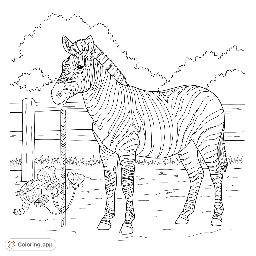A majestic zebra stands by a rustic fence, featuring intricate stripes, unique flora, and distant bushes. A free printable zebra coloring page for all ages.
