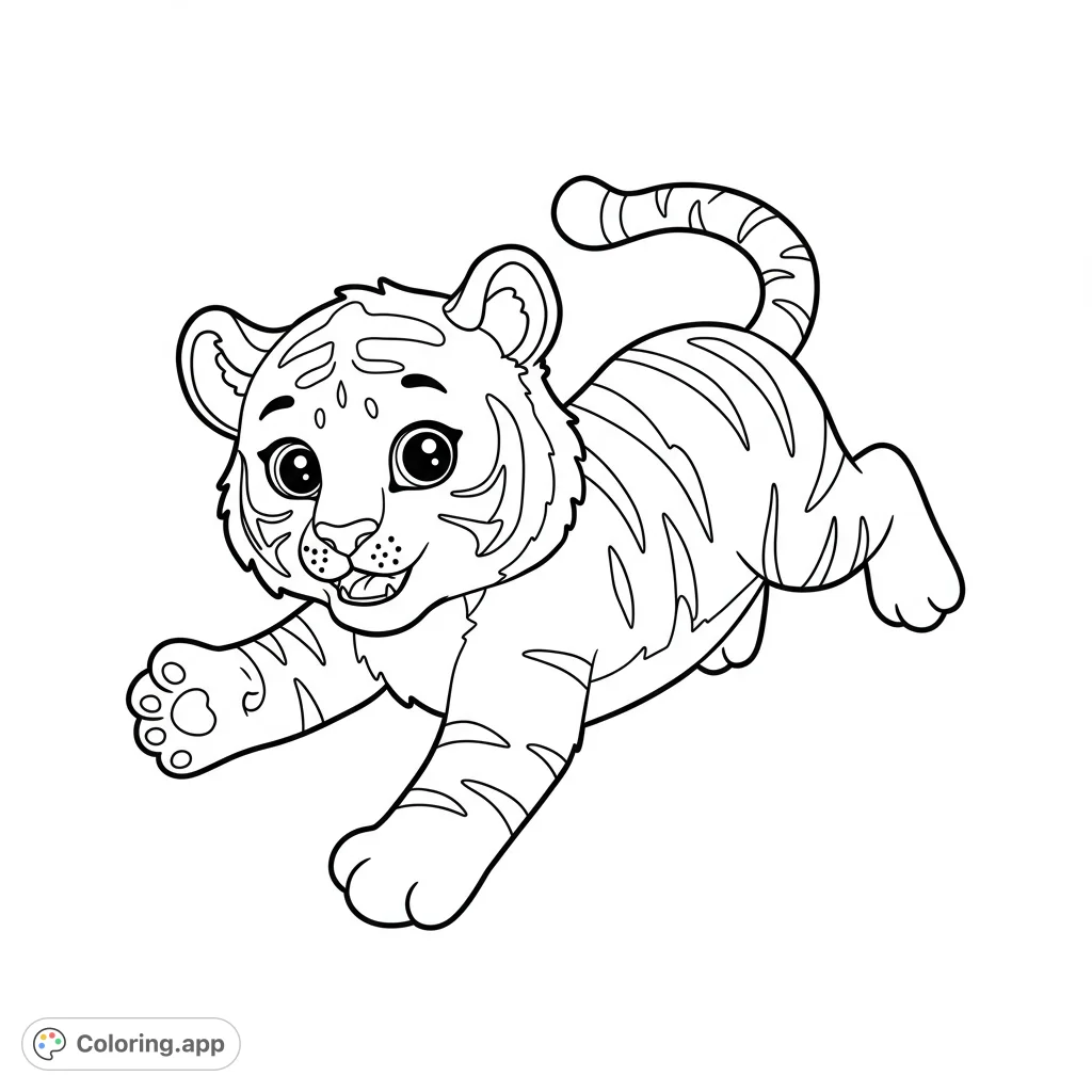 An adorable tiger cub leaps playfully, featuring bold outlines and clear areas for coloring. This free printable tiger coloring page is perfect for kids and adults.