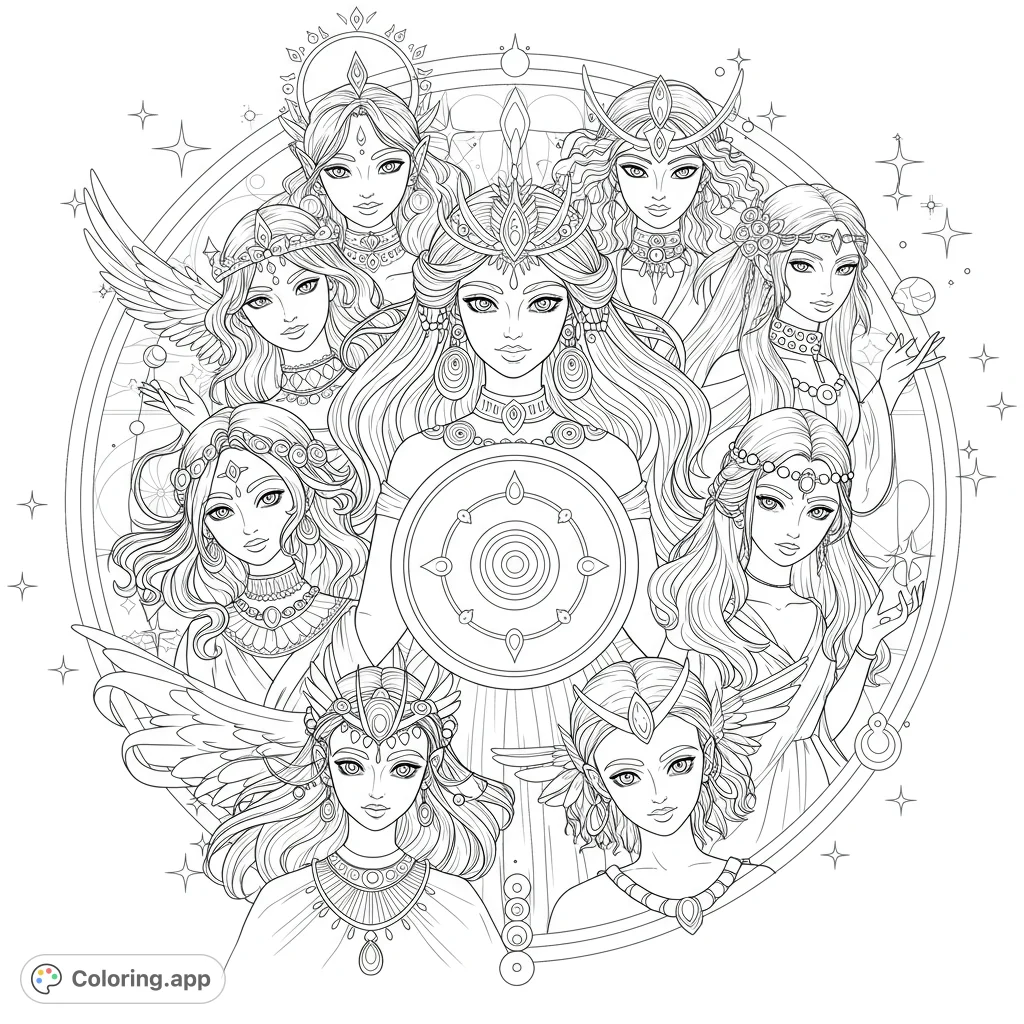 An intricate goddess coloring page featuring a central divine figure surrounded by celestial maidens within a detailed mandala, perfect for adults.
