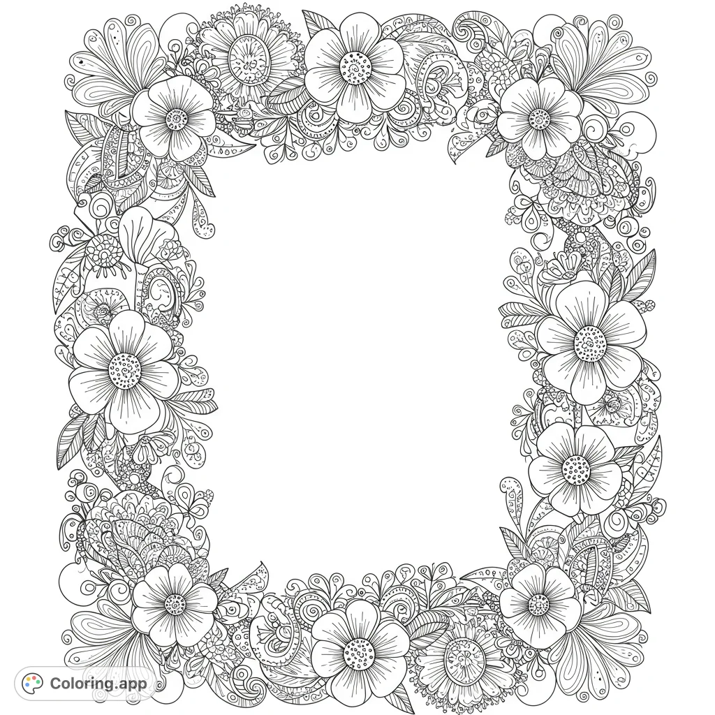An intricate floral doodle frame coloring page, perfect for adults and teens. Features detailed flowers, leaves, and swirling patterns forming a beautiful border for creative expression.