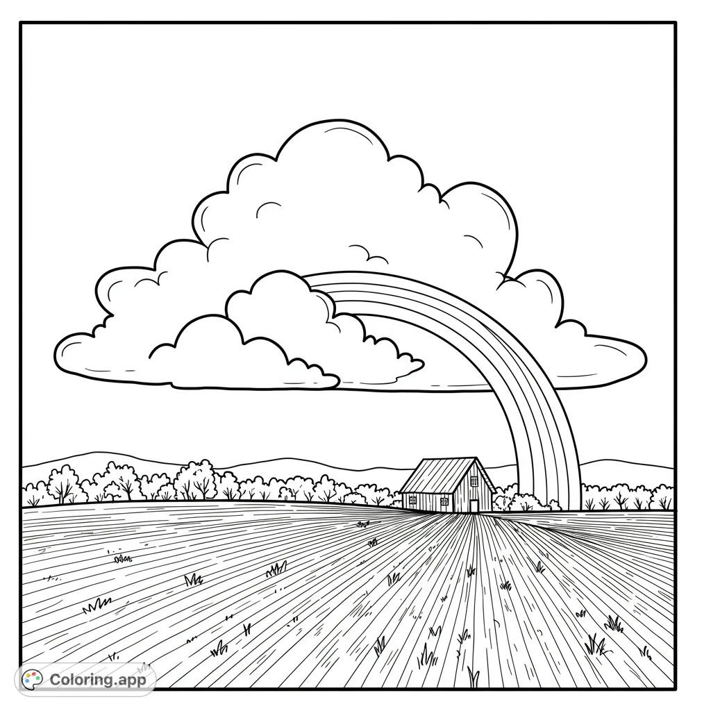 A charming farm scene with a rustic barn, vast field, and a vibrant rainbow arching from fluffy clouds. A peaceful, free printable coloring page.