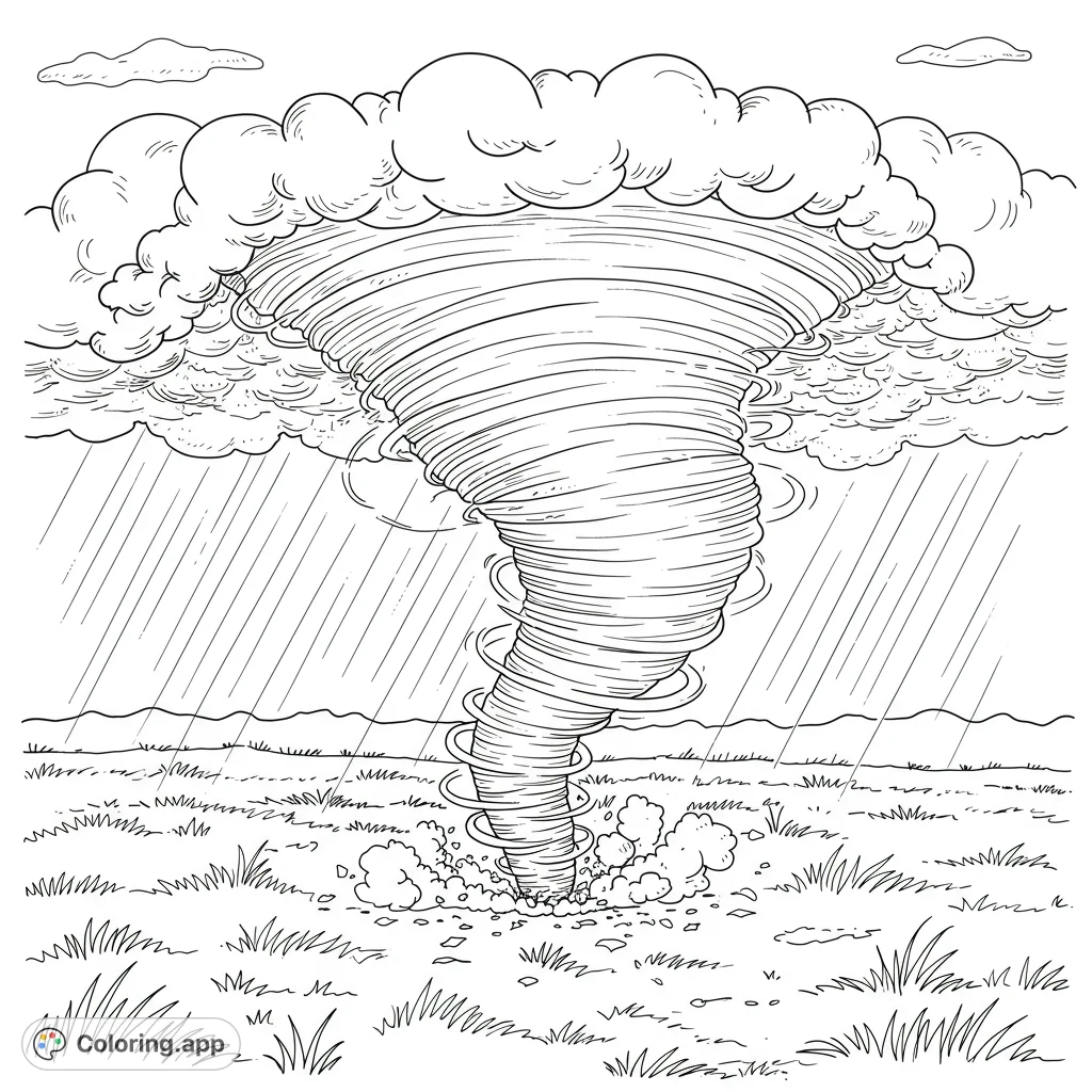 Experience the raw power of nature with this dramatic tornado coloring page. A massive funnel cloud swirls over a field, perfect for dynamic coloring.