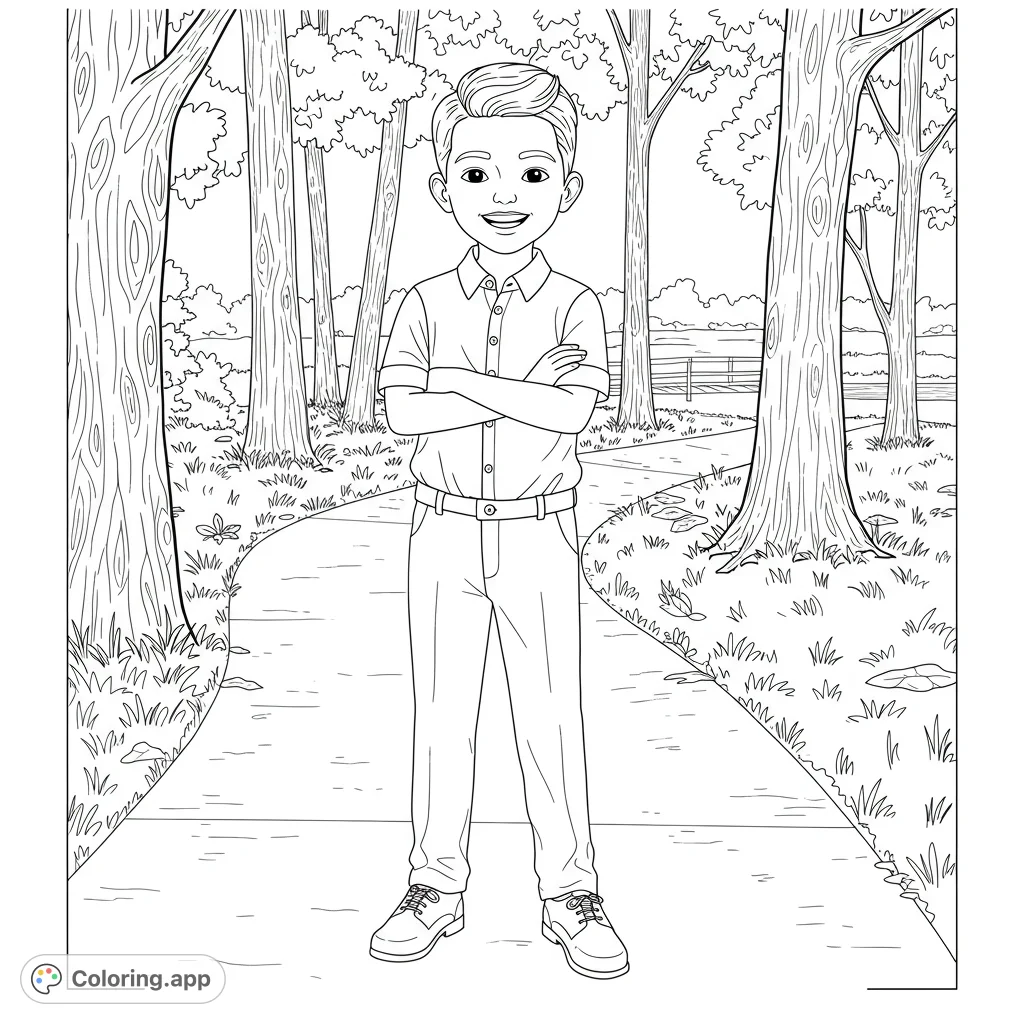 A cheerful boy stands on a winding park path, surrounded by tall trees and lush grass, offering a delightful free printable coloring page.