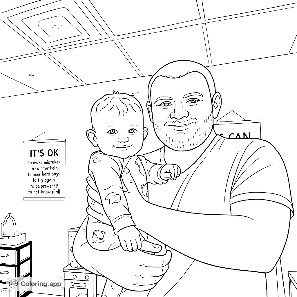 A heartwarming family bonding coloring page featuring a smiling father holding his happy baby, perfect for celebrating love and connection.