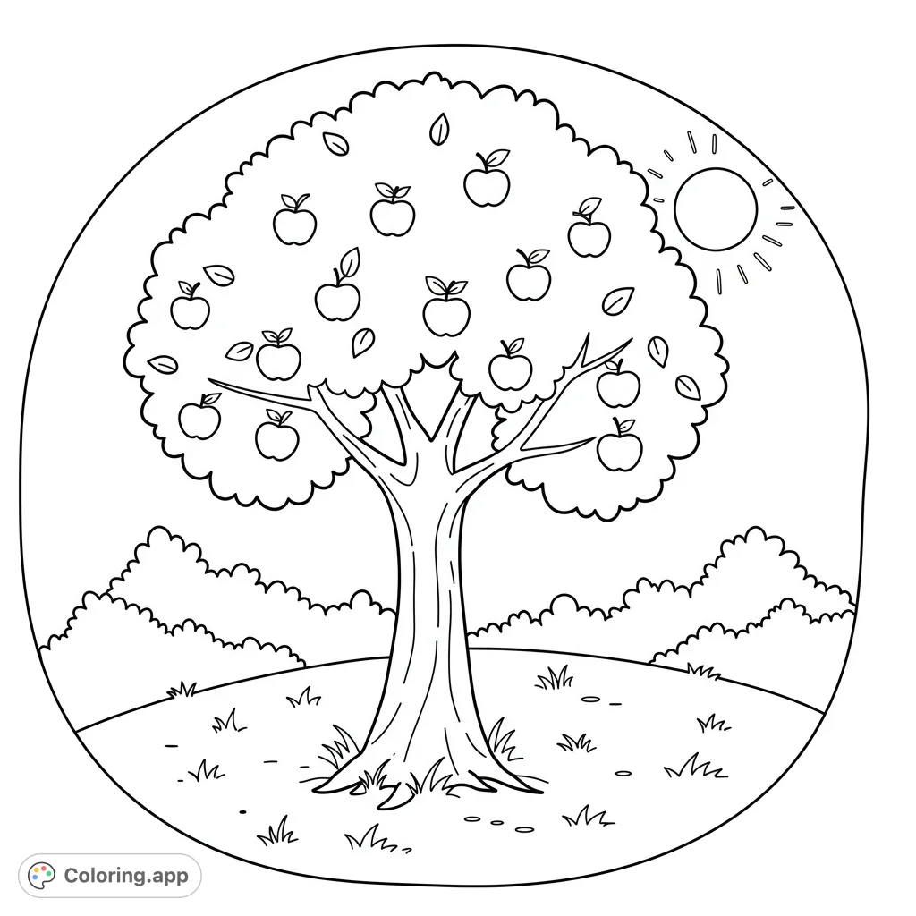 A delightful apple tree coloring page, perfect for all ages. Features a vibrant apple tree laden with fruit, set in a sunny, grassy landscape.