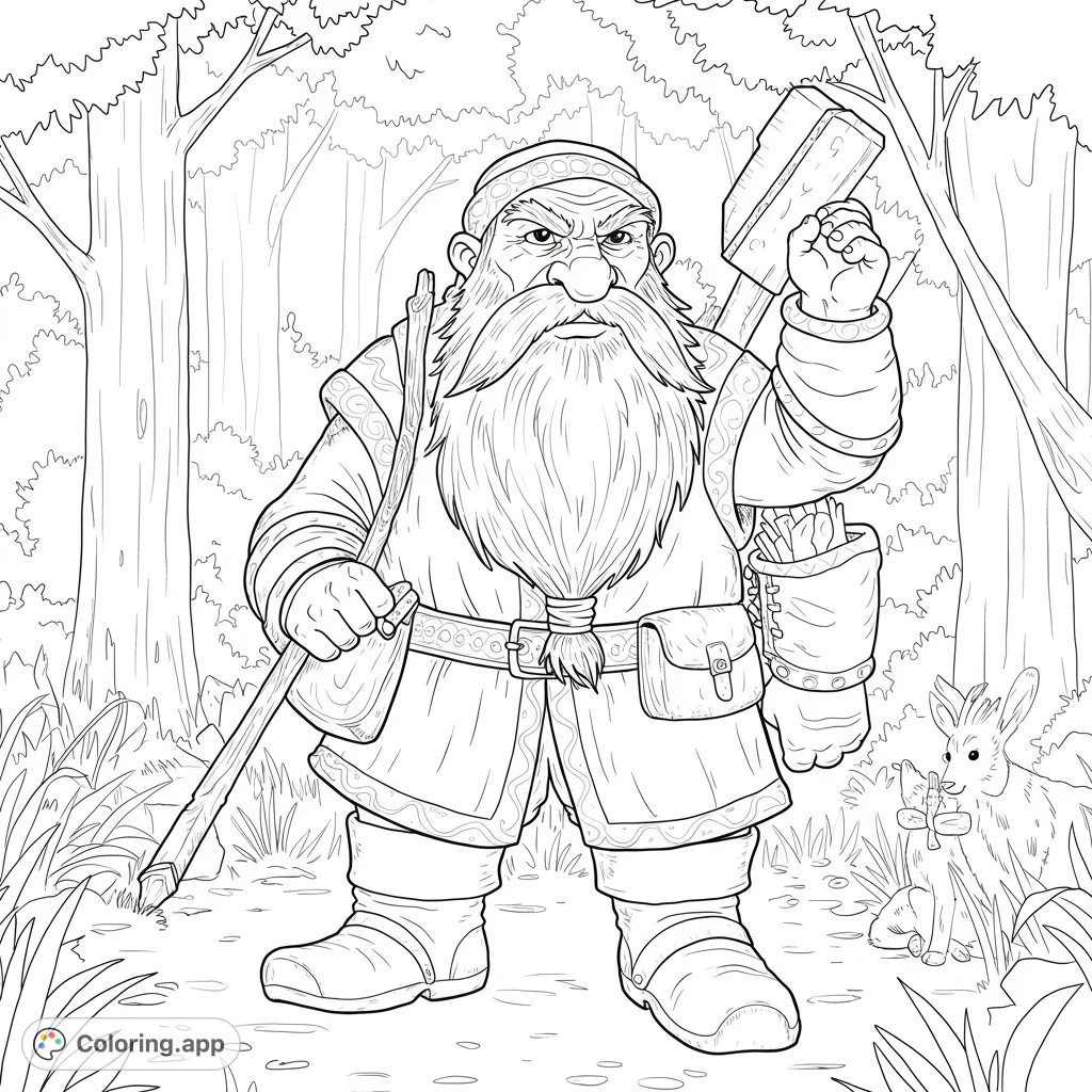 A brave dwarf adventurer stands ready in a detailed forest, holding a staff and hammer, with a small rabbit nearby. Perfect for fantasy fans!