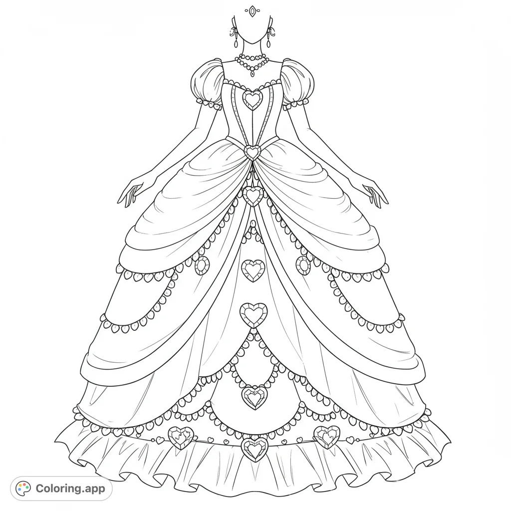 An exquisite royal ball gown with heart jewels and layered ruffles. A free printable princess gown coloring page for enchanting creative fun.