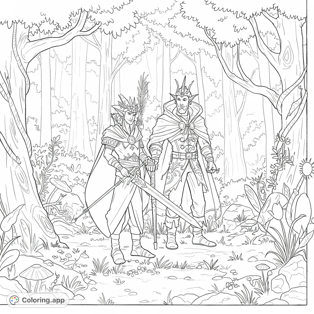 Two noble elven warriors stand ready in a magical forest. A detailed fantasy coloring page, free printable for all ages.