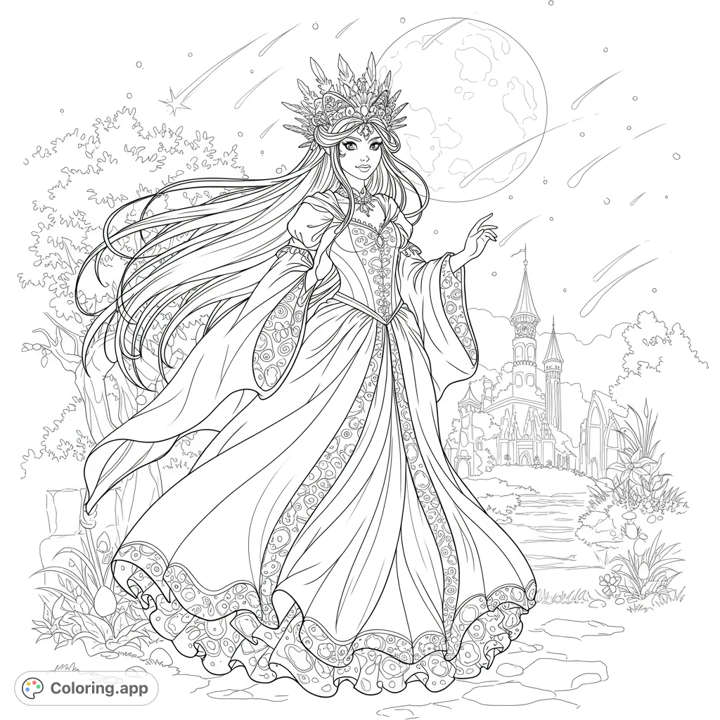 An enchanting fantasy queen with a majestic crown and flowing gown, set against a magical castle and moonlit sky. Perfect for a free printable coloring page.