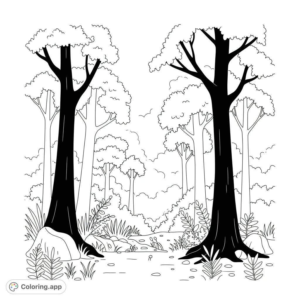 Explore a tranquil forest with towering trees, a winding path, and lush foliage. A free printable forest coloring page for all ages.