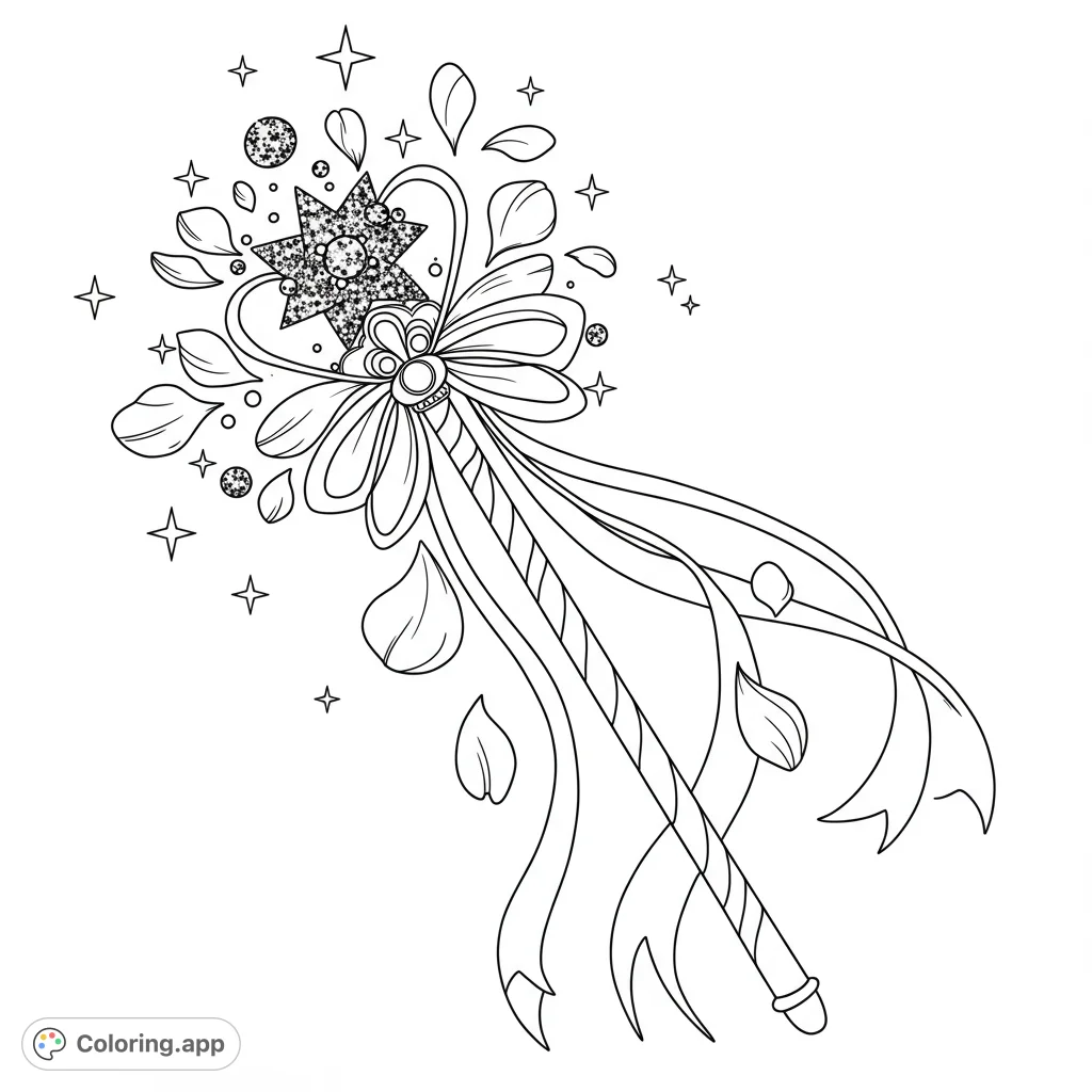 A whimsical magic wand coloring page featuring a sparkling star, elegant bow, and flowing ribbons, surrounded by enchanting magical elements. Perfect for fantasy lovers.