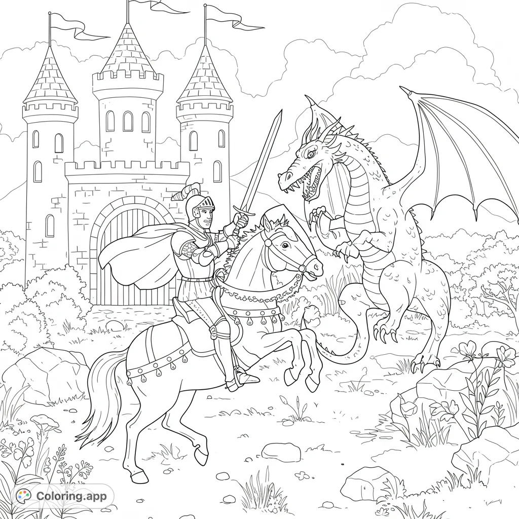 Epic fantasy adventure coloring page featuring a knight battling a fierce dragon before a grand castle. Free printable coloring page for kids and adults.