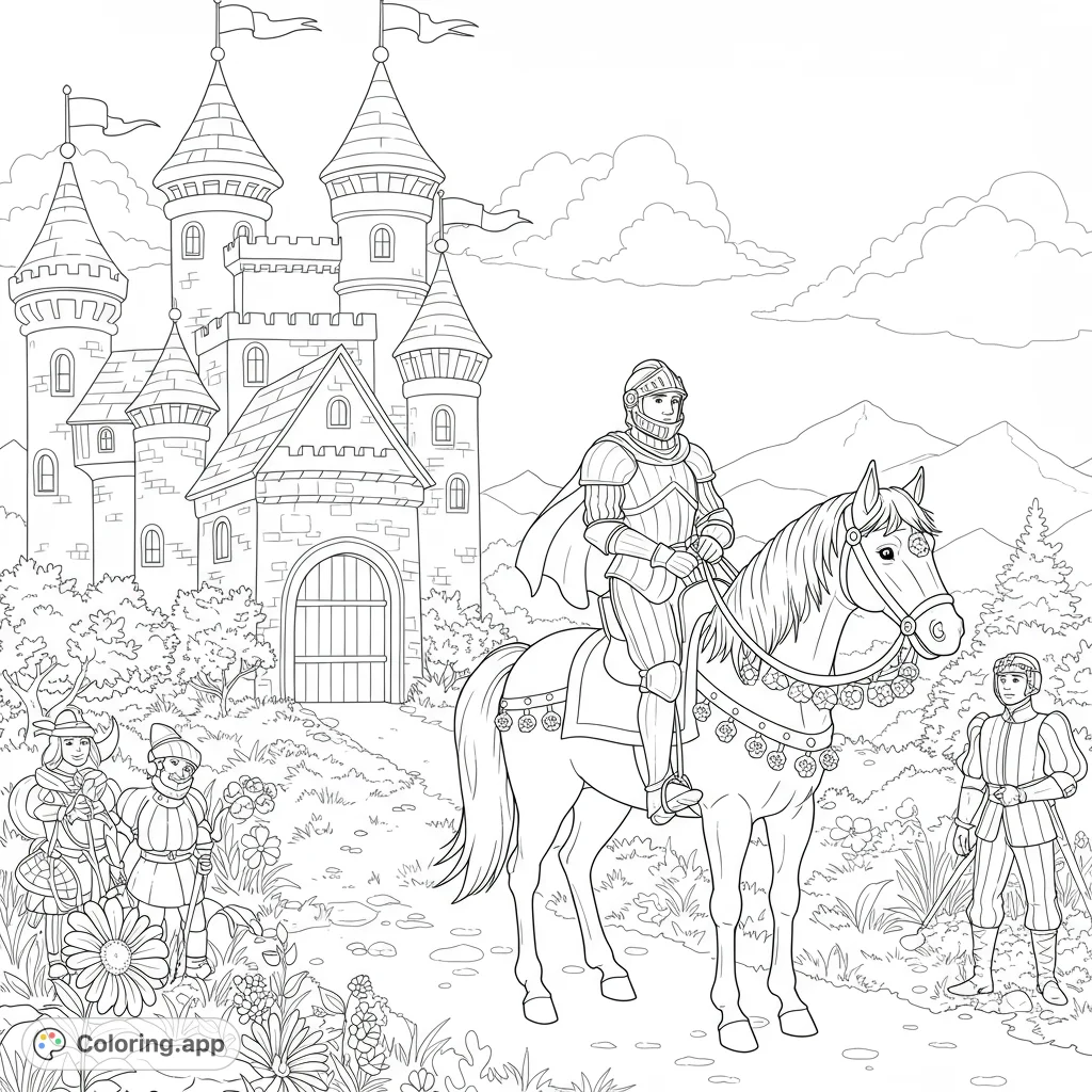 A noble knight on horseback, with a grand medieval castle in the background, surrounded by loyal guards and a scenic landscape. Perfect for fantasy adventures!