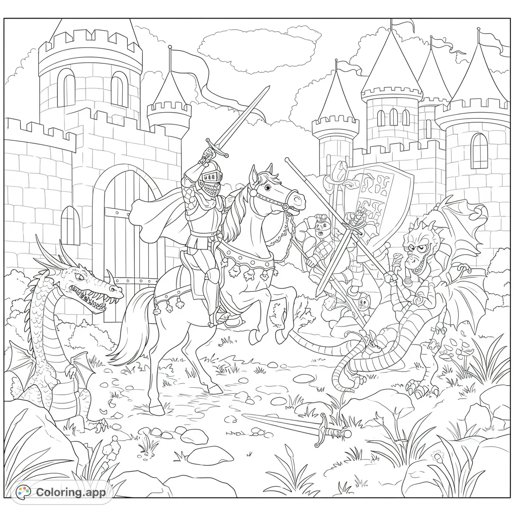 An epic medieval battle scene featuring a brave knight on horseback fighting fierce dragons before a grand castle. A free printable fantasy coloring page.