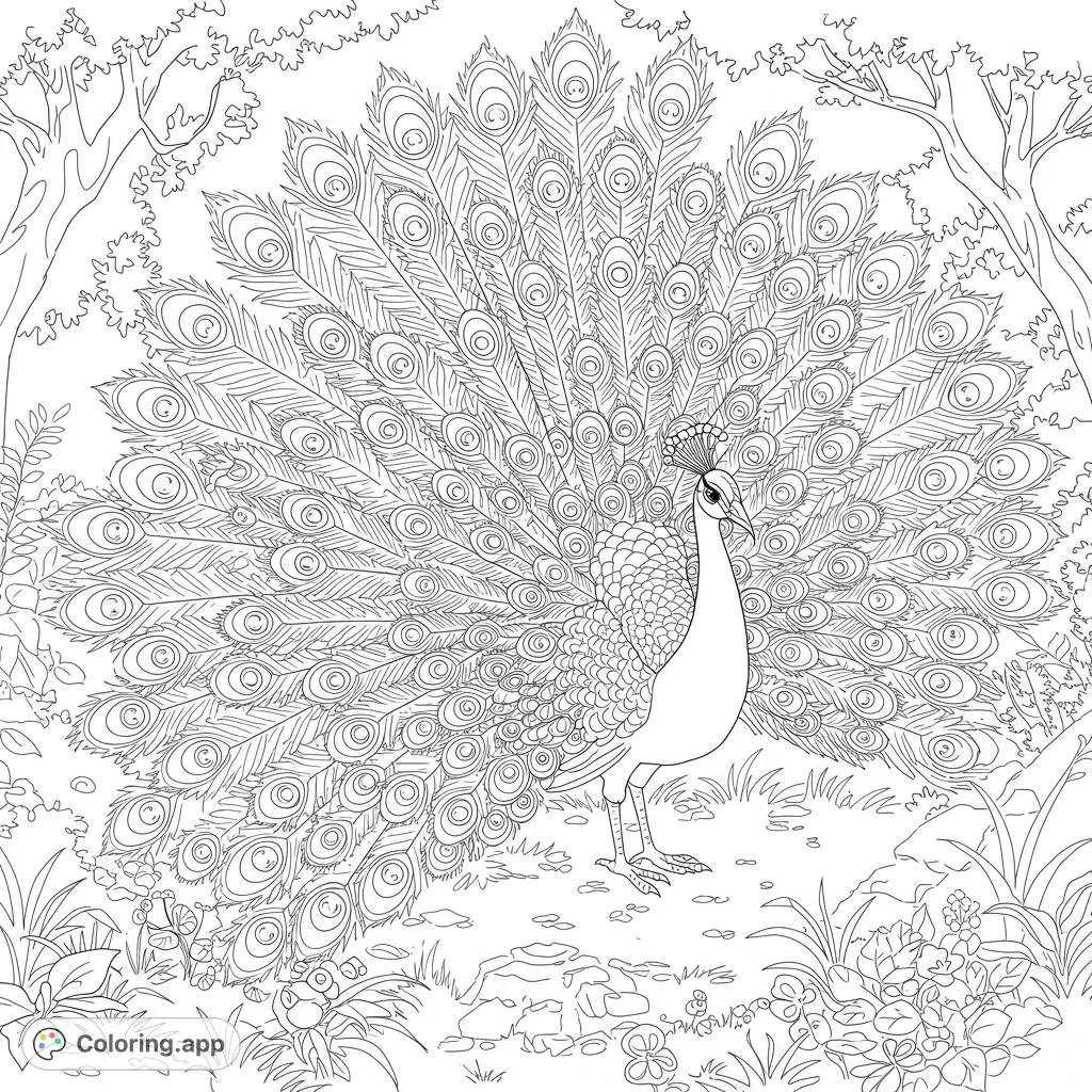 A magnificent peacock with its tail fully fanned, showcasing intricate feather details amidst a lush, natural setting. Perfect for vibrant coloring.