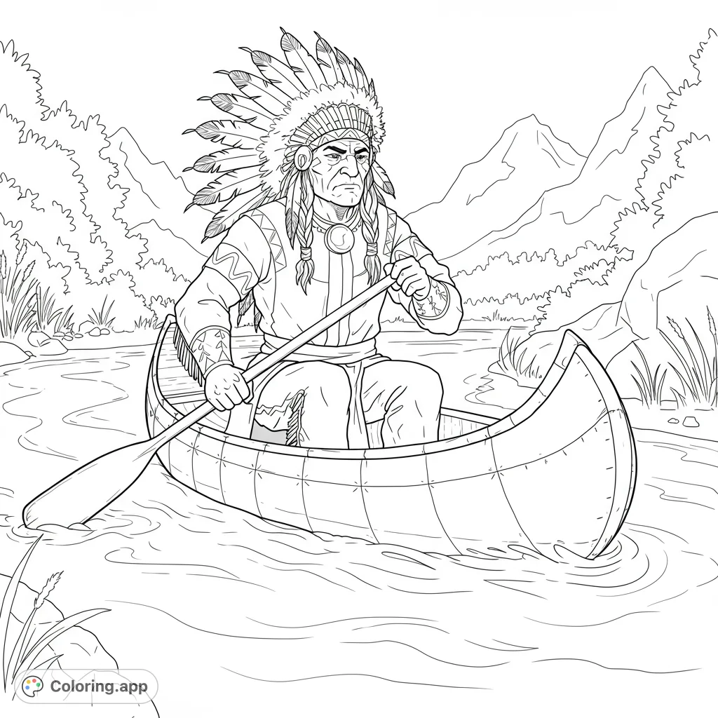 A majestic Native American chief in a feathered headdress paddles a canoe on a river, surrounded by mountains and nature. A free printable coloring page.
