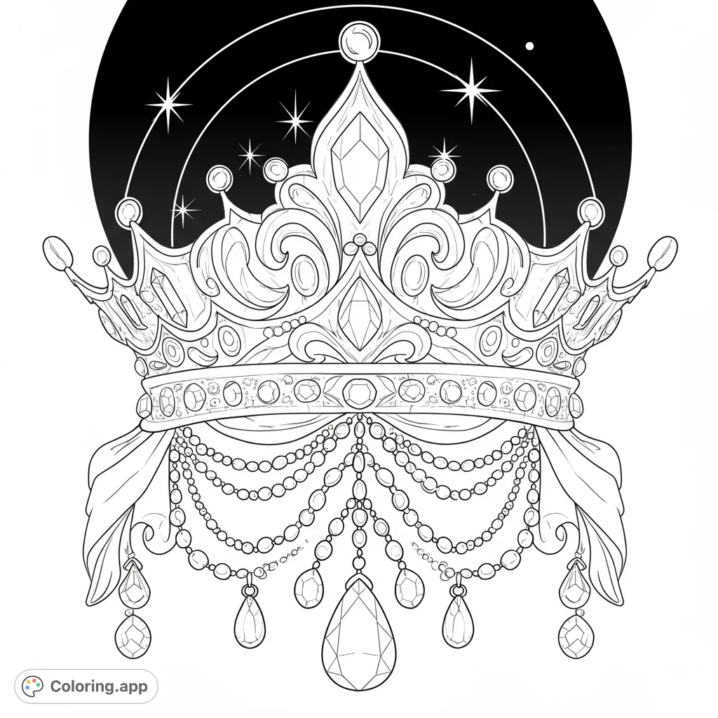An exquisite royal crown adorned with intricate jewels and draped pearls, set against a celestial starry background. Perfect for a free printable coloring page.