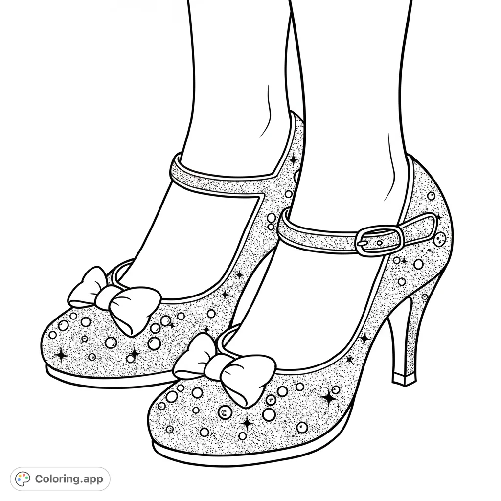 Step into glamour with this sparkling high heels coloring page! Features elegant Mary Jane shoes adorned with bows and glittery details.