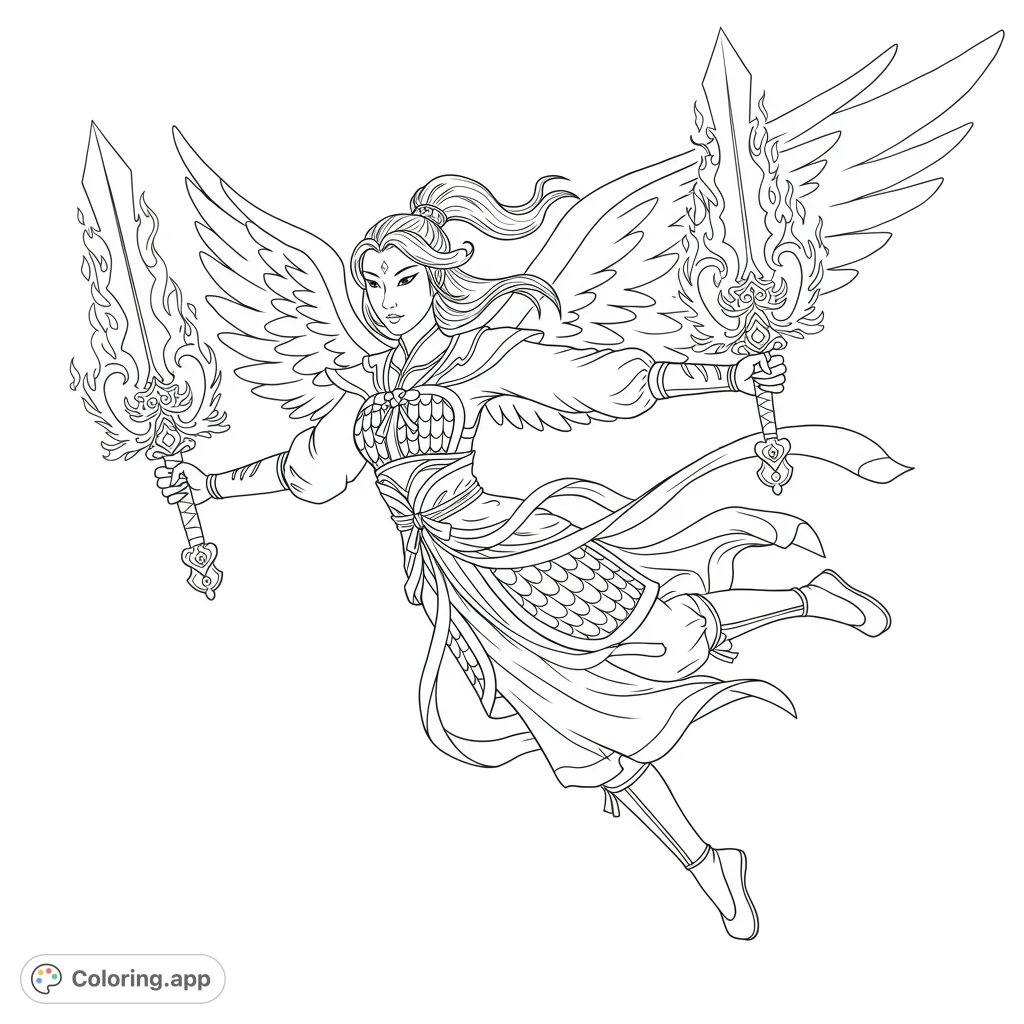Dynamic winged warrior with two flaming swords, ready for battle. Intricate details on armor and flowing attire.