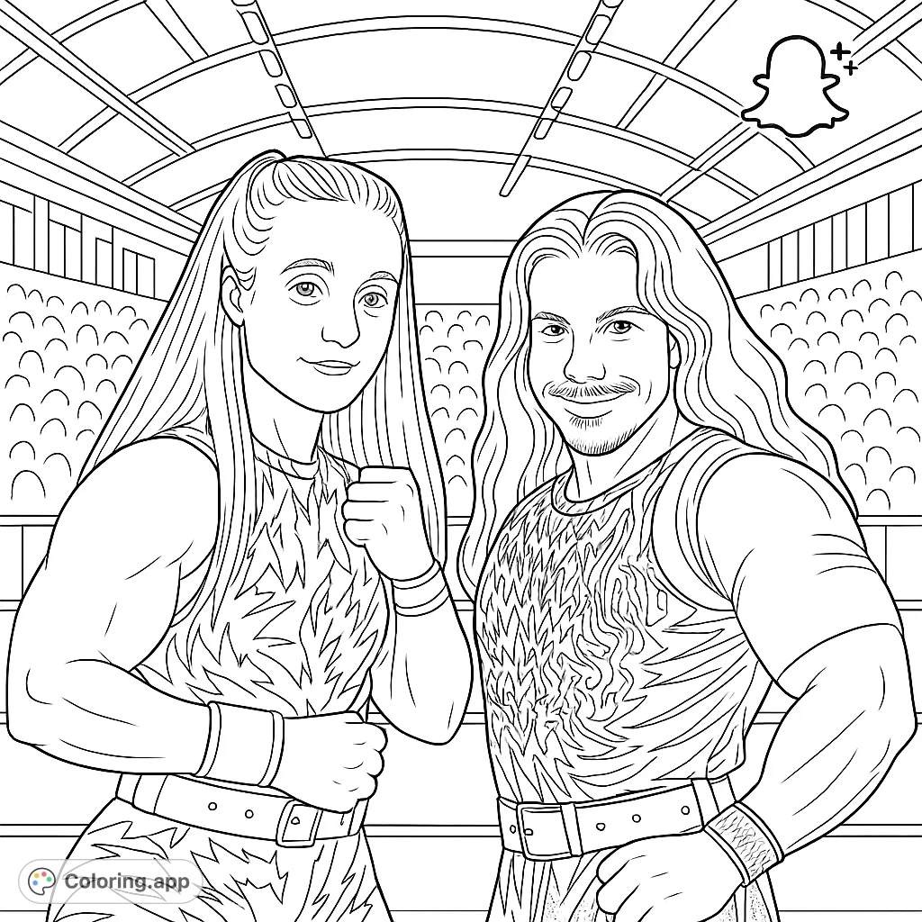 Dynamic wrestling duo ready for action in the ring! A free printable wrestling coloring page for kids and adults, featuring detailed attire and stadium background.