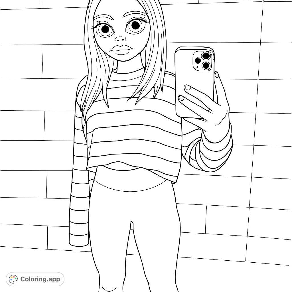 A stylish girl takes a mirror selfie, wearing a striped crop top and leggings against a tiled wall. A trendy free printable coloring page.