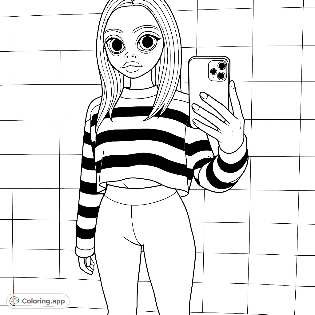 A stylish girl takes a mirror selfie in a striped top and leggings against a tiled background, perfect for fashion-forward coloring fun.