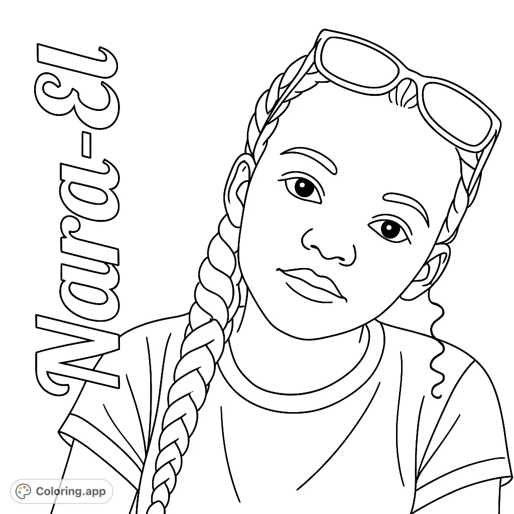 A cool girl with a long braid and sunglasses on her head, perfect for a personalized portrait coloring page. Free printable for all ages.