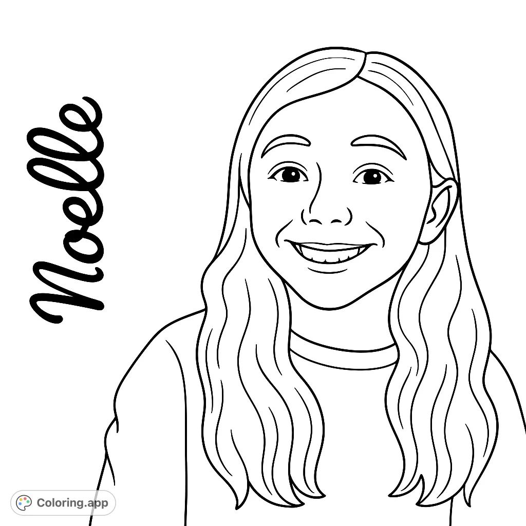 A delightful girl portrait coloring page featuring a smiling girl with long wavy hair. A free printable coloring page, perfect for kids and adults.
