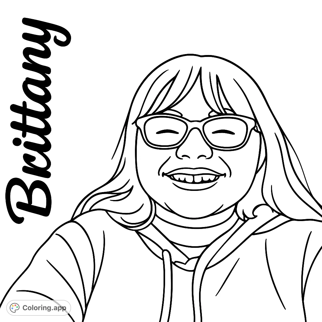 A joyful portrait coloring page featuring a smiling person with glasses and long hair, perfect for personalizing with your favorite colors.