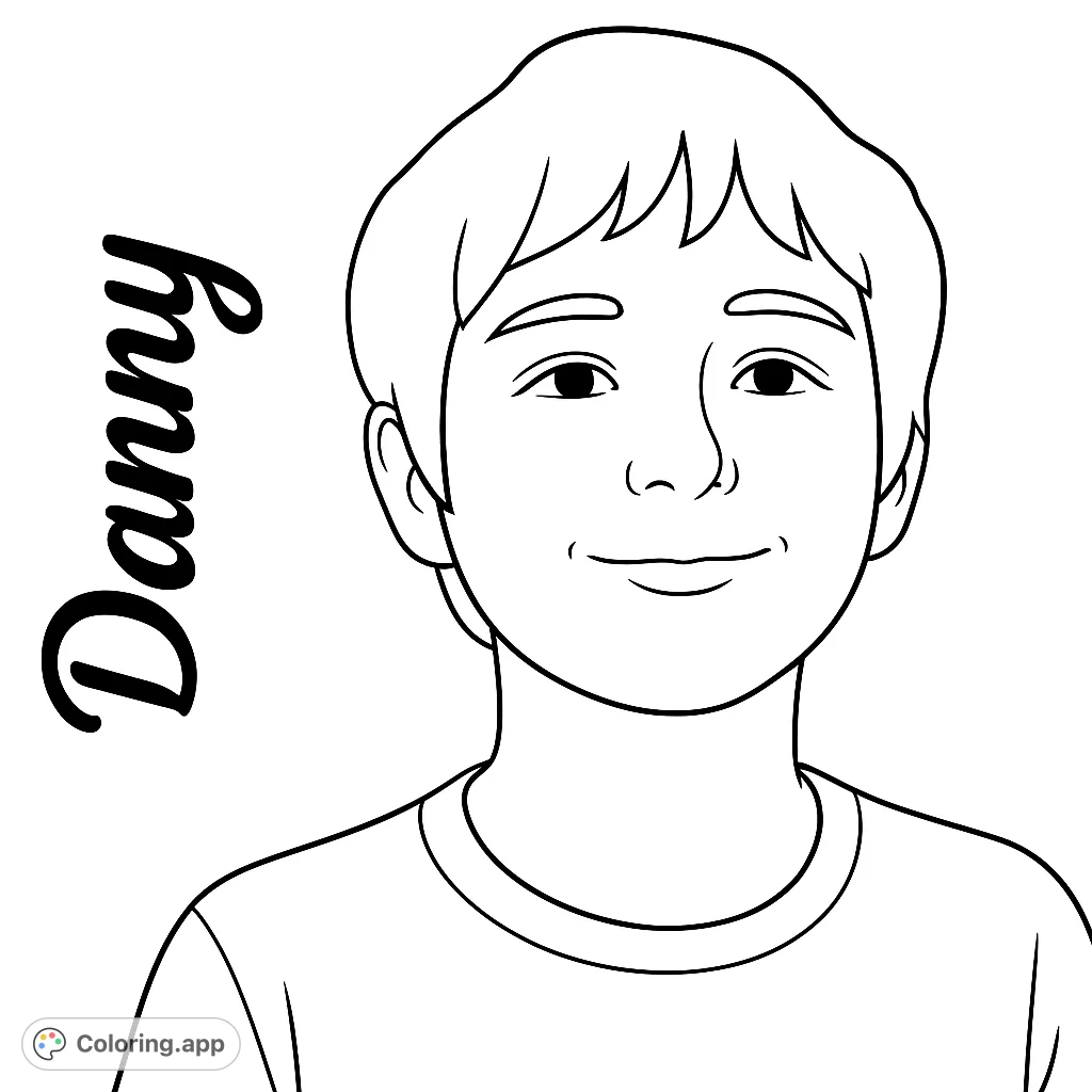 A charming young boy portrait coloring page, perfect for kids and adults. Features a friendly smile and simple details for easy coloring.