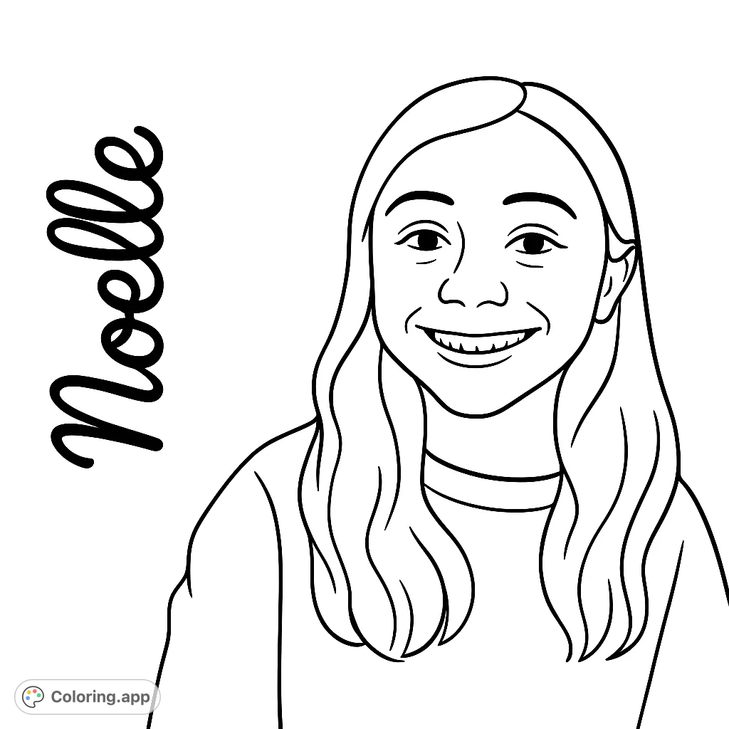 A delightful portrait of a smiling young girl with long, wavy hair, perfect for a free printable coloring page for kids and adults.