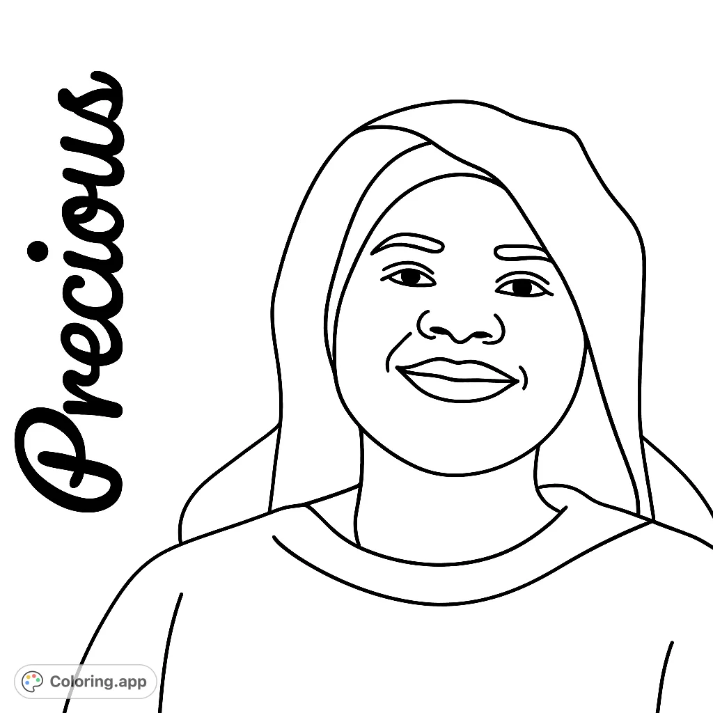 A serene portrait of a smiling woman wearing a head covering, perfect for a calming and expressive coloring experience. Free printable portrait coloring page.