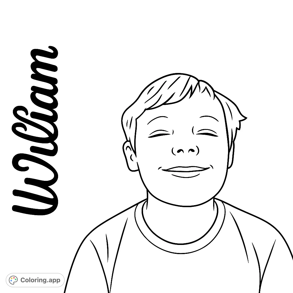 A cheerful boy with closed eyes and a wide smile, ready for vibrant colors. A free printable portrait coloring page for kids and adults.