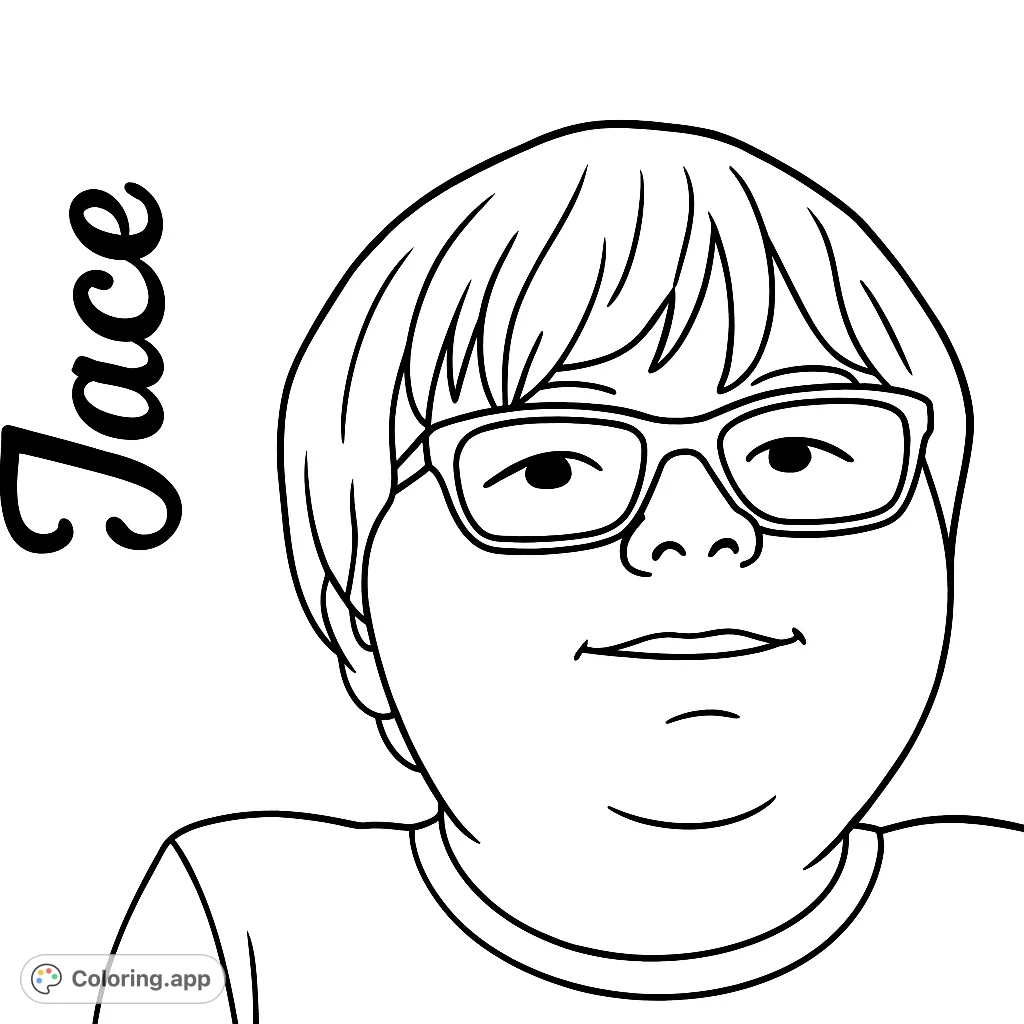 A friendly boy with glasses smiles, ready for vibrant colors. A free printable portrait coloring page for all ages.