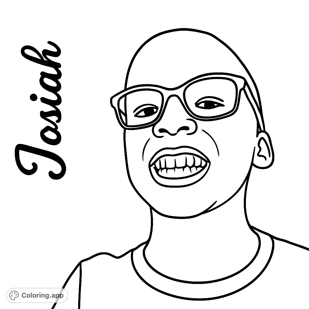 A cheerful boy with glasses and a wide, open-mouthed smile, perfect for a happy portrait coloring page. Free printable coloring page for kids.