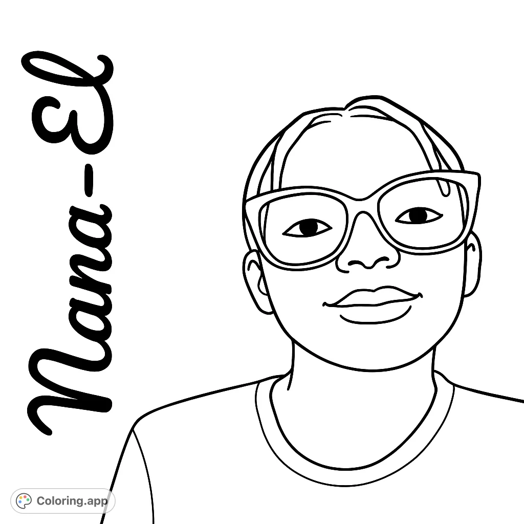 A friendly portrait of a person wearing stylish glasses, ready for vibrant colors. A free printable portrait coloring page for all ages.