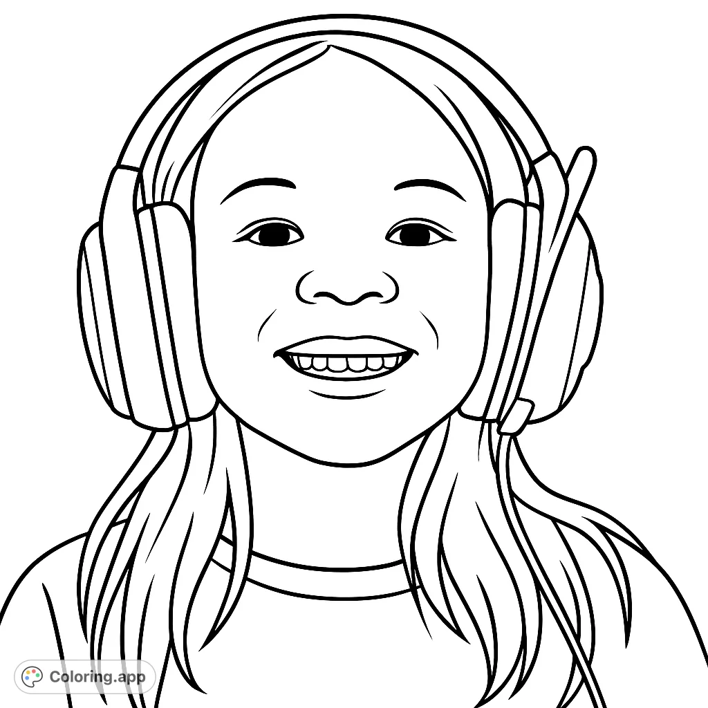 A cheerful girl with headphones smiles, ready for music or gaming. A free printable portrait coloring page for kids and adults.