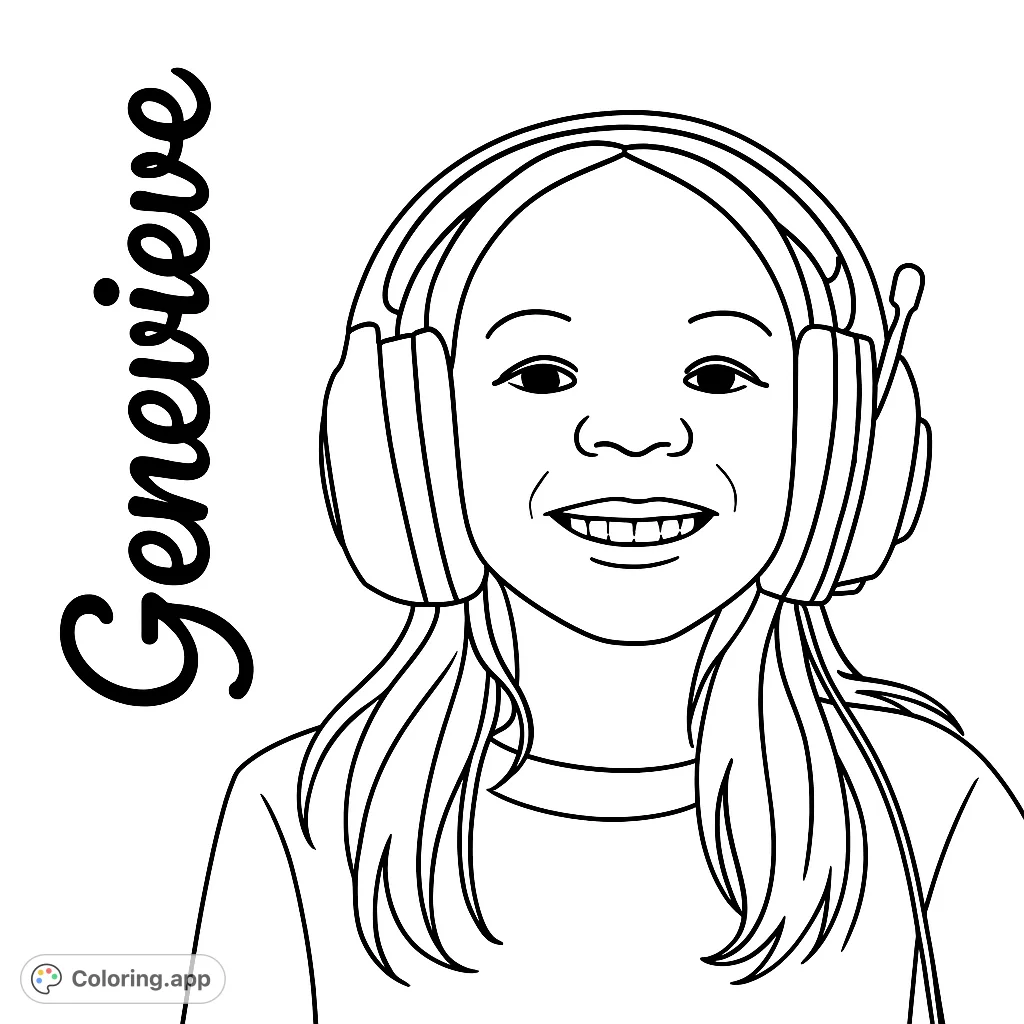 A cheerful girl with headphones and a microphone, ready for music or gaming. A free printable portrait coloring page for kids and adults.