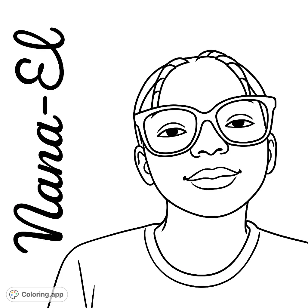 A charming portrait of a young person wearing stylish glasses, perfect for a personalized coloring experience. A free printable coloring page for all ages.