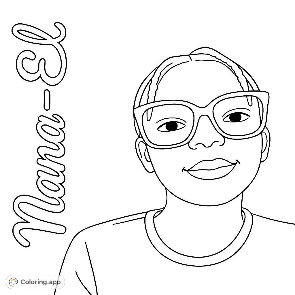 A charming portrait of a person wearing stylish glasses, perfect for a free printable coloring page. Features clear lines for easy coloring.