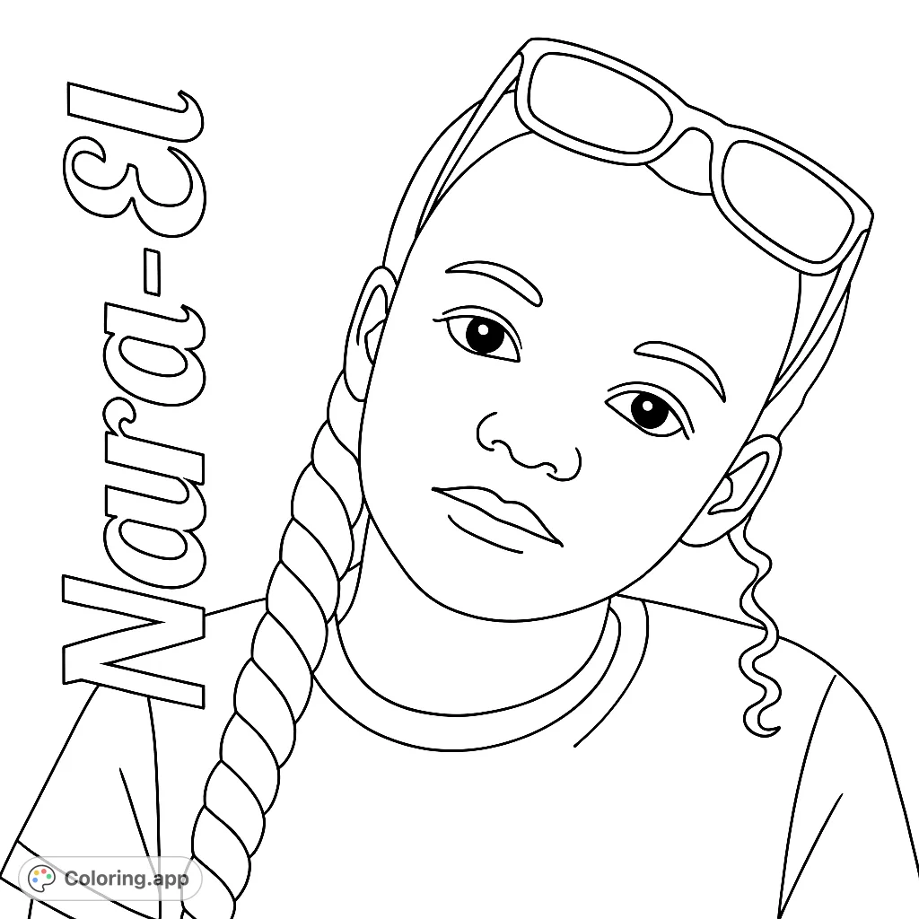 A stylish girl with braided hair and cool sunglasses, perfect for a trendy portrait coloring page. Free printable for kids and adults.