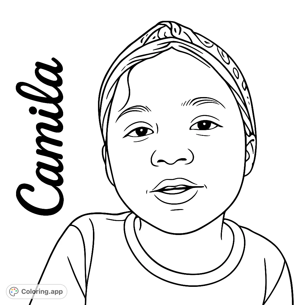 A charming portrait of a young child with a patterned headband, perfect for personalizing. A free printable coloring page for kids and adults.