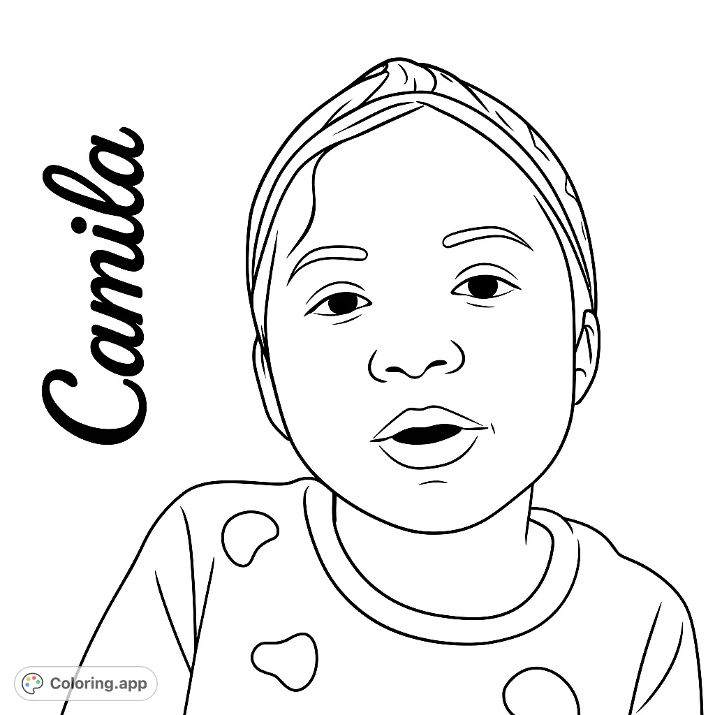 An adorable child portrait coloring page, perfect for personalizing with vibrant colors. Features a sweet face with a patterned headband and spotted shirt.