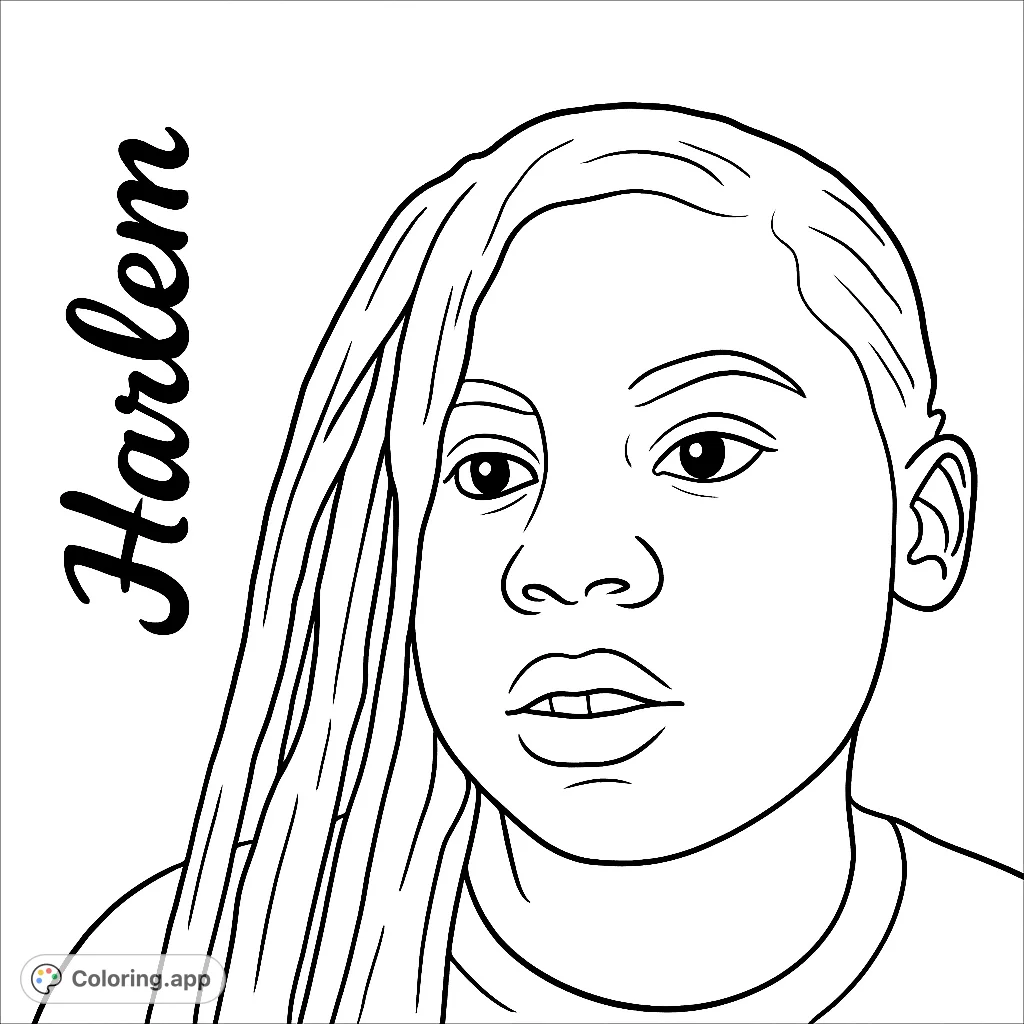A captivating portrait of a young girl with flowing hair, perfect for a personalized coloring experience. Free printable portrait coloring page.