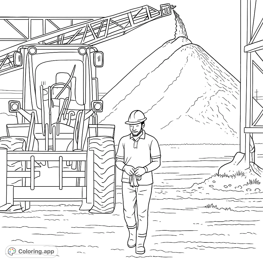 An industrial scene featuring a worker in a hard hat, heavy construction machinery, and a large material pile, perfect for a detailed coloring page.