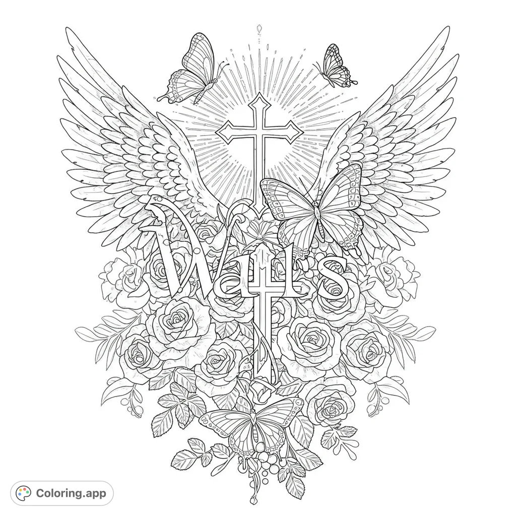 An intricate spiritual coloring page featuring a cross, angel wings, blooming roses, and delicate butterflies. A free printable design for all ages.