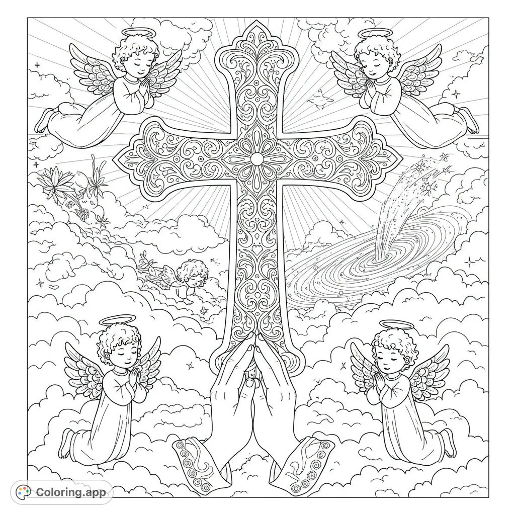 A serene religious coloring page featuring an ornate cross, praying hands, and cherubic angels amidst heavenly clouds and light rays. Perfect for spiritual reflection.