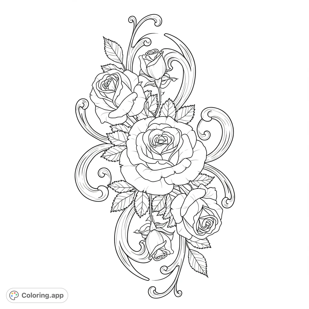 An elegant floral rose coloring page featuring a central large rose, smaller blooms, delicate leaves, and intricate swirling scrollwork, perfect for relaxation.