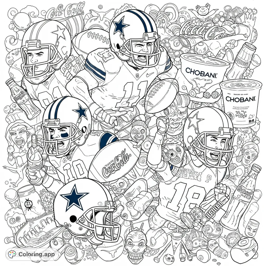 Dive into a detailed football fan frenzy coloring page! Features players, helmets, footballs, and popular brands in a chaotic, intricate design.
